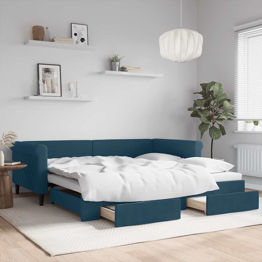 Divano Letto Estraibile con Cassetti Blu 100x200 cm in Velluto | homemem39