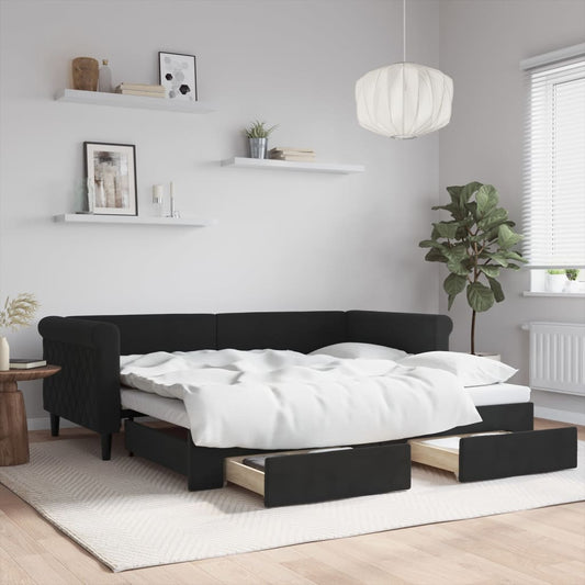 Divano Letto Estraibile con Cassetti Nero 90x190 cm in Velluto