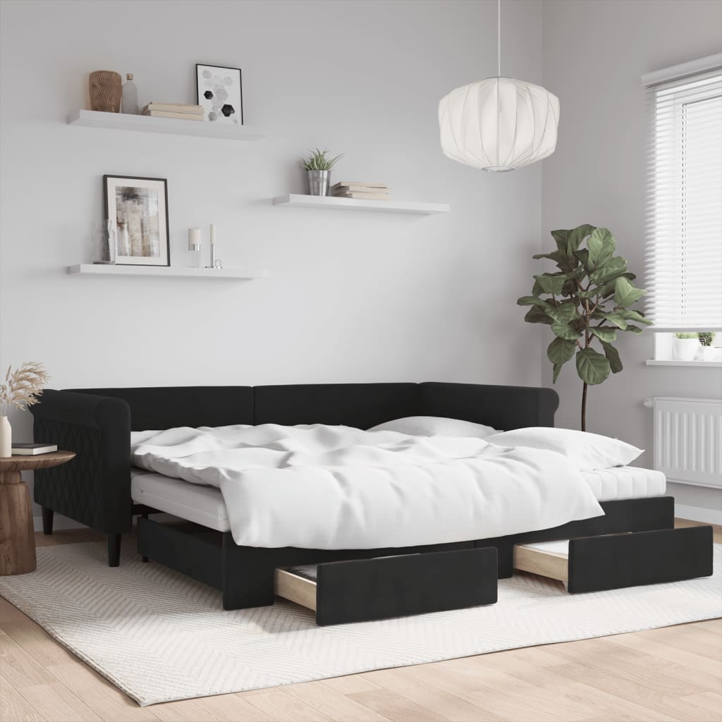 Divano Letto Estraibile con Cassetti Nero 100x200 cm in Velluto | homemem39