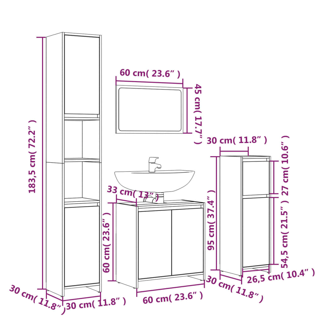 Set Mobili da Bagno 4 pz Grigio Sonoma in Legno Multistrato | homemem39