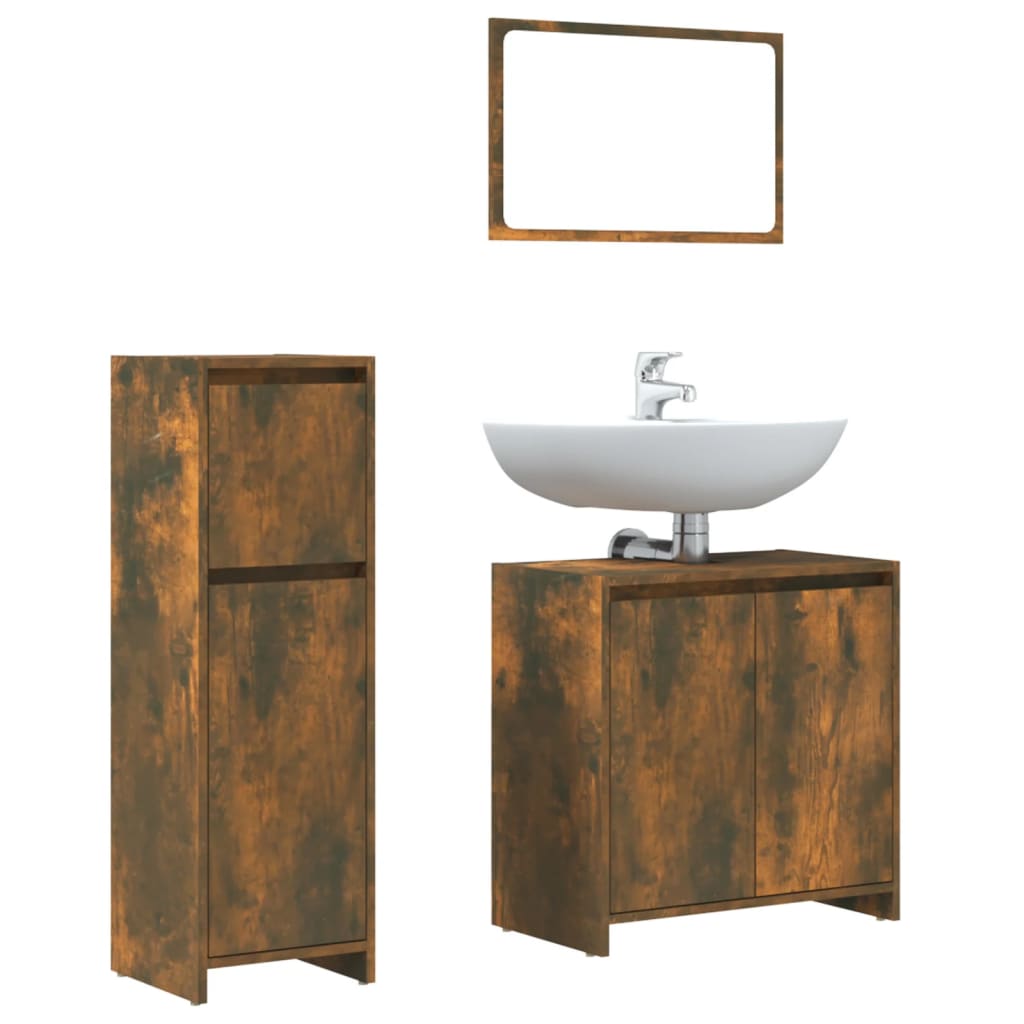 Set Mobili da Bagno 3 pz Rovere Fumo in Legno Multistrato | homemem39