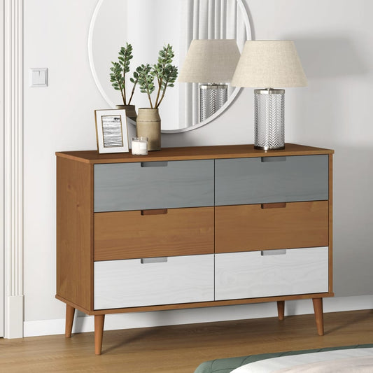 Cassettiera MOLDE Marrone 113x40x80cm in Legno Massello di Pino - homemem39