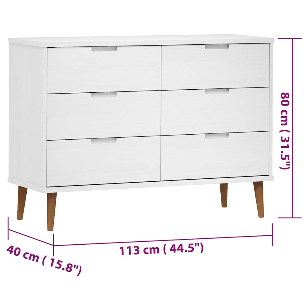 Cassettiera MOLDE Bianca 113x40x80 cm in Legno Massello di Pino