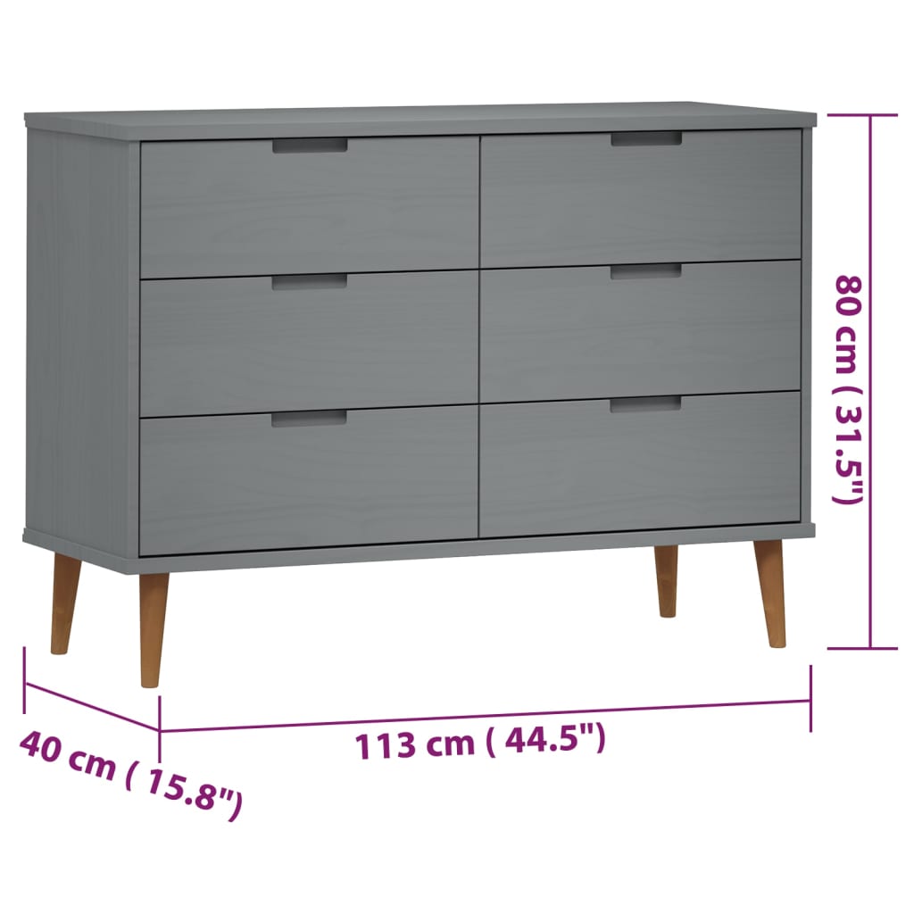 Cassettiera MOLDE Grigia 113x40x80 cm in Legno Massello di Pino - homemem39