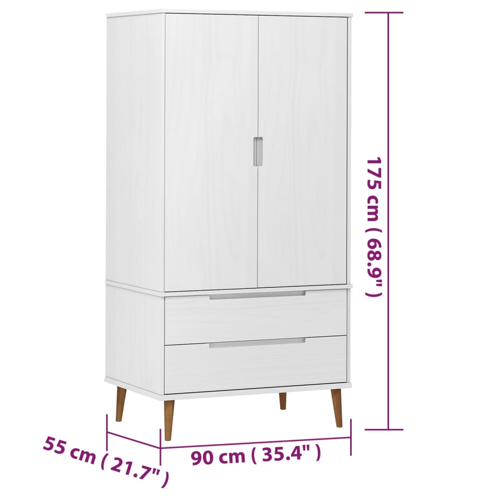 Armadio MOLDE Bianco 90x55x175 cm in Legno Massello di Pino - homemem39