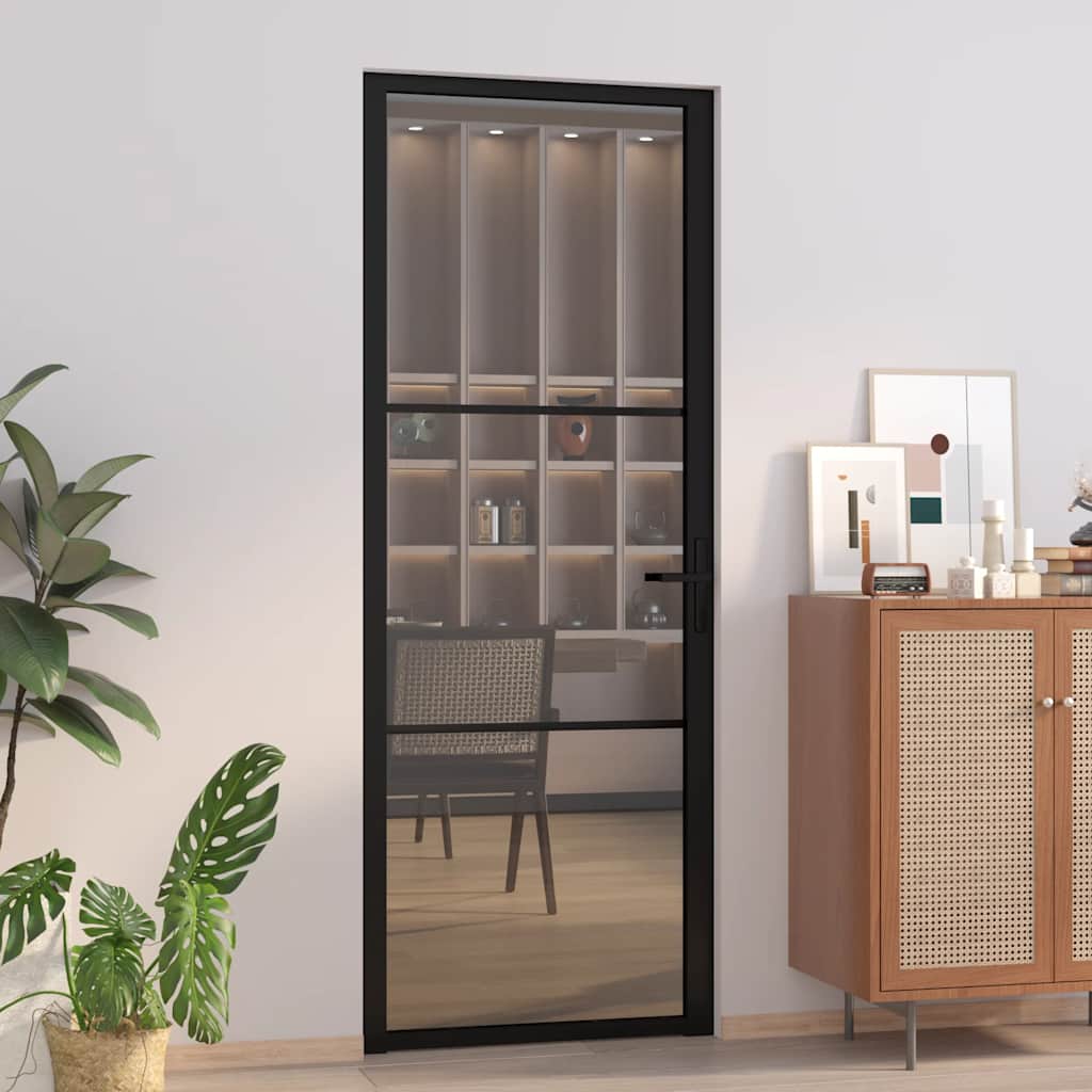Porta Interna 76x201,5 cm Nero Opaco Vetro ESG e Alluminio | homemem39