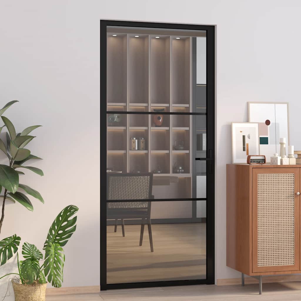 Porta Interna 93x201,5 cm Nera in Vetro ESG e Alluminio | homemem39