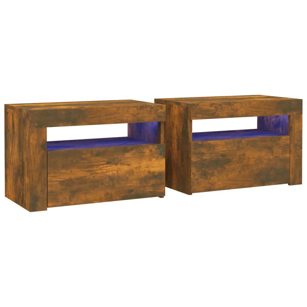 Comodini 2 pz con Luci LED Rovere Fumo 60x35x40 cm