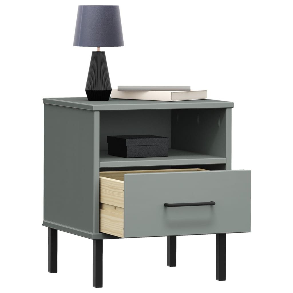 Comodino con Gambe in Metallo Grigio Legno Massello Pino OSLO - homemem39