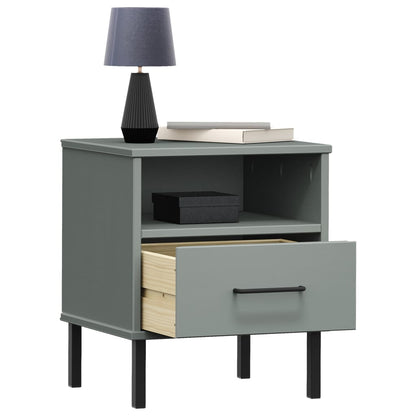 Comodino con Gambe in Metallo Grigio Legno Massello Pino OSLO - homemem39