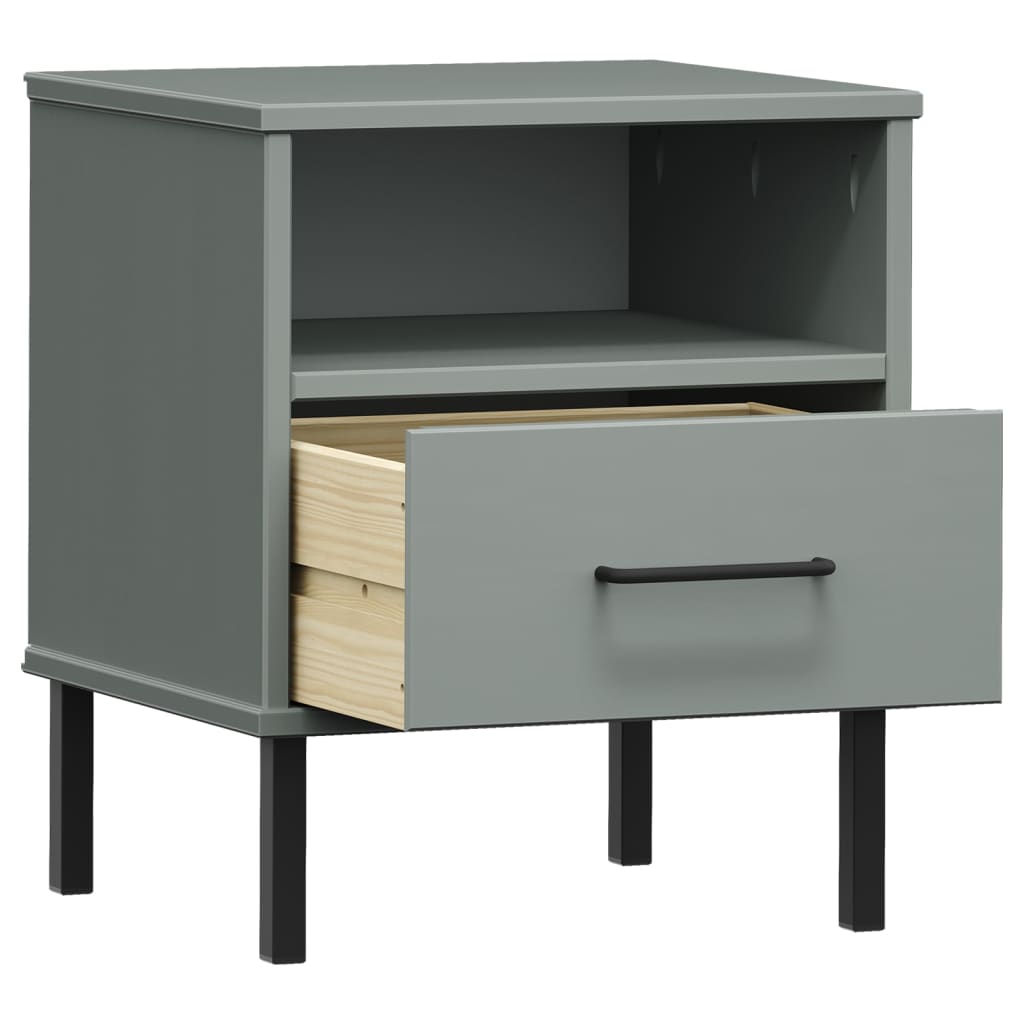 Comodino con Gambe in Metallo Grigio Legno Massello Pino OSLO | homemem39
