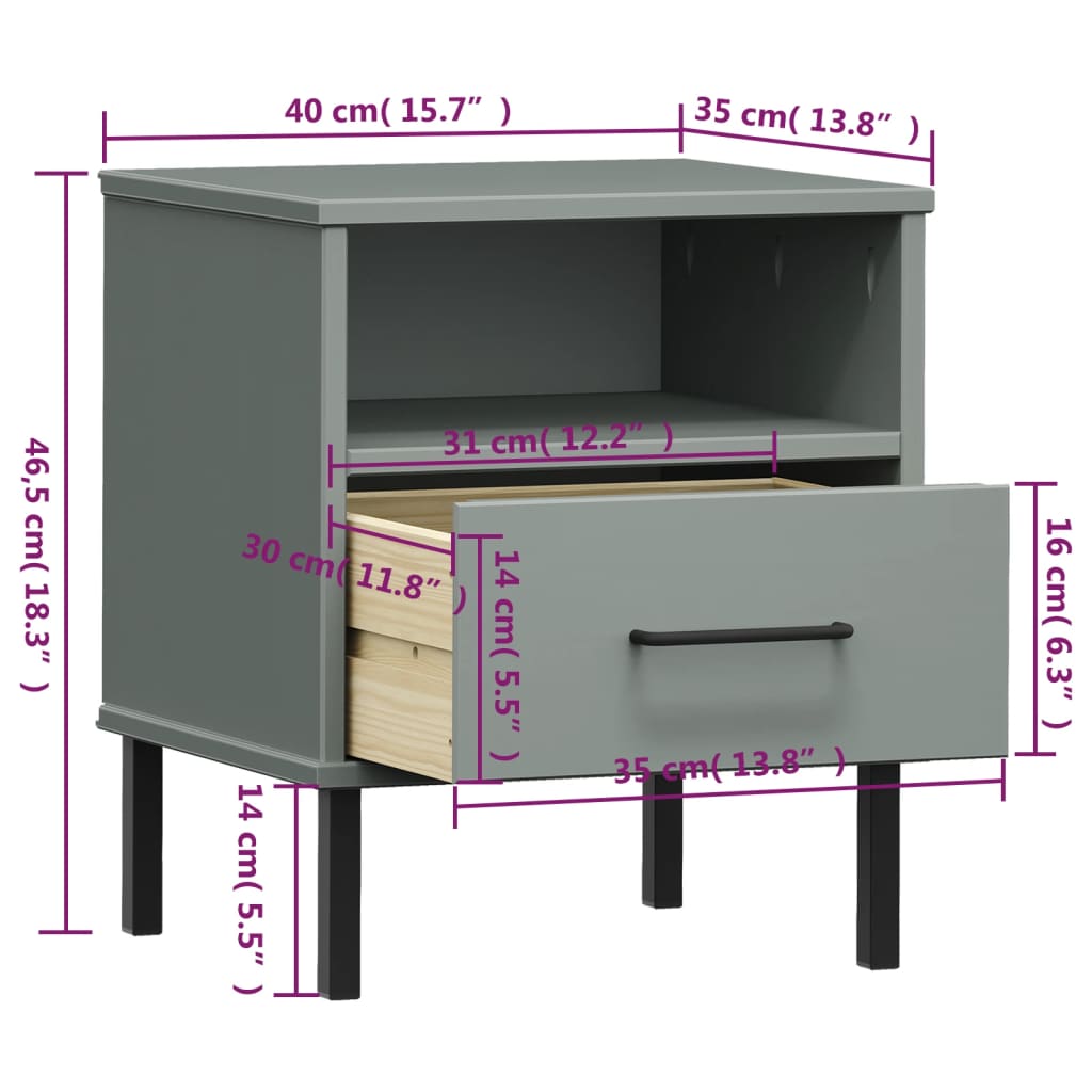 Comodino con Gambe in Metallo Grigio Legno Massello Pino OSLO | homemem39