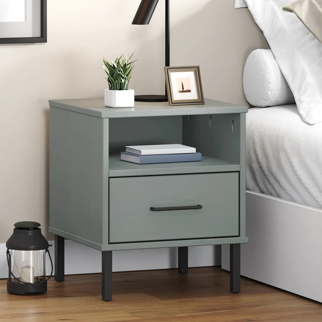 Comodino con Gambe in Metallo Grigio Legno Massello Pino OSLO | homemem39
