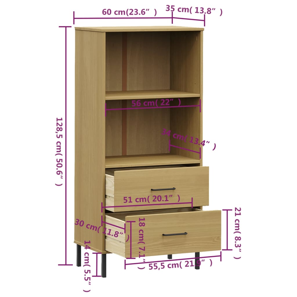 Libreria 2 Cassetti Marrone 60x35x128,5 cm Legno Massello OSLO | homemem39