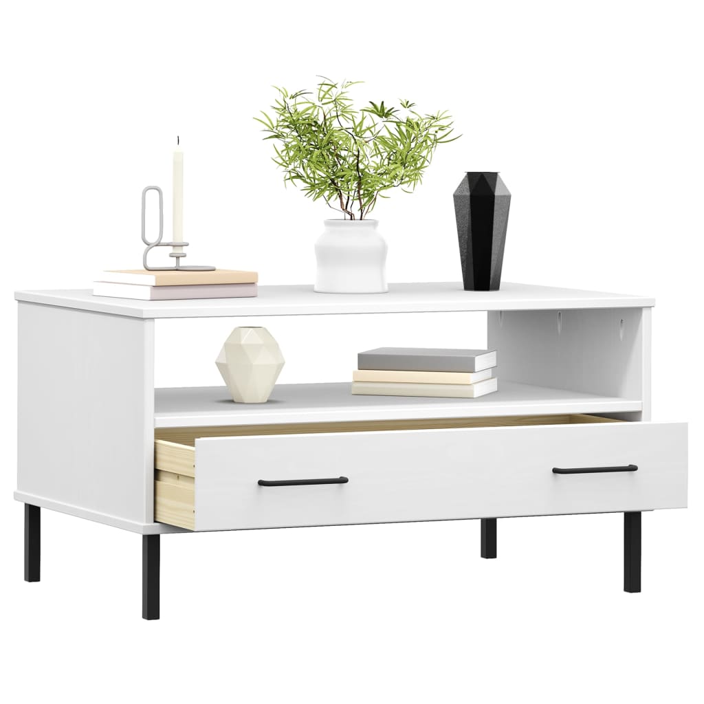 Tavolino Gambe Metallo Bianco 85x50x45 cm Legno Massello OSLO | homemem39