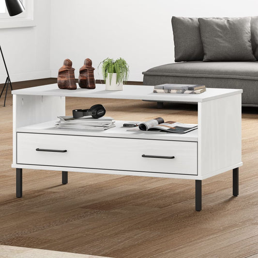 Tavolino Gambe Metallo Bianco 85x50x45 cm Legno Massello OSLO | homemem39