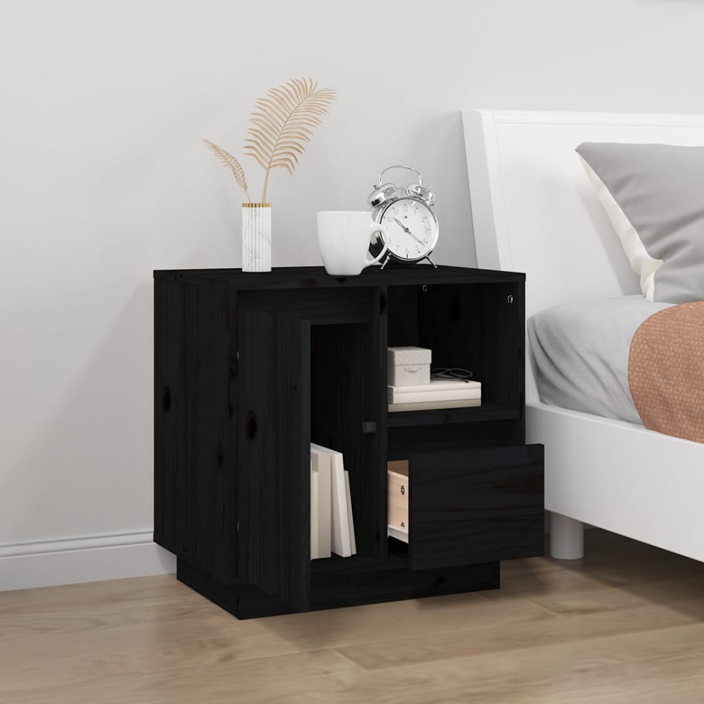 Comodino Nero 50x34x50 cm in Legno Massello di Pino - homemem39