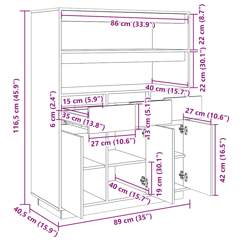 Credenza Bianca 89x40x116,5 cm in Legno Massello di Pino