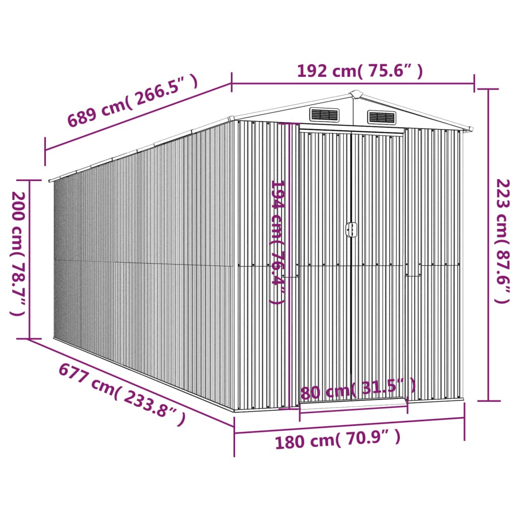 Capanno da Giardino Grigio Chiaro 192x689x223cm Acciaio Zincato - homemem39