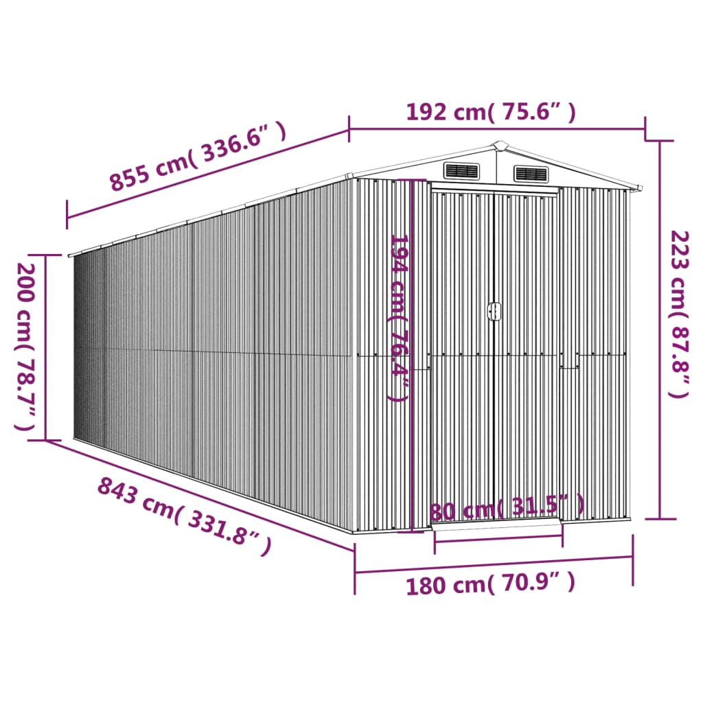 Capanno da Giardino Grigio Chiaro 192x855x223cm Acciaio Zincato - homemem39