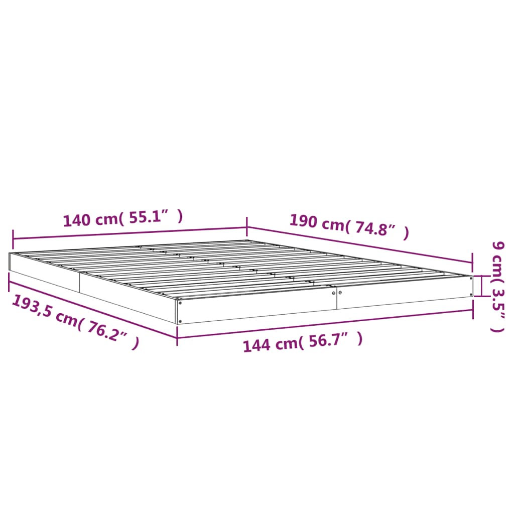 Letto senza Materasso 140x190 cm in Legno Massello di Pino - homemem39