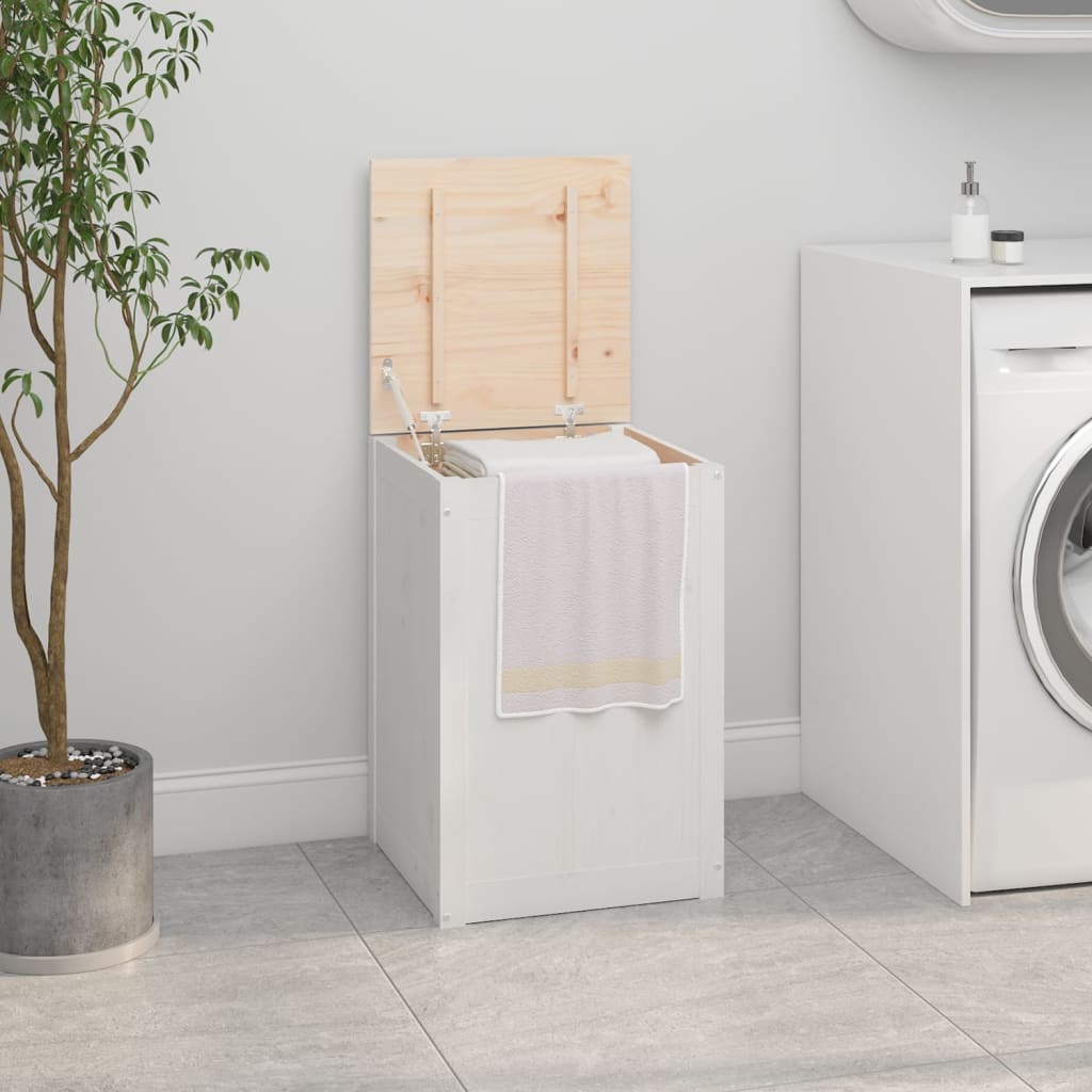 Contenitore per Bucato Bianco 44x44x66 cm Legno Massello Pino | homemem39