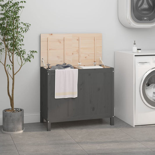 Contenitore per Bucato Grigio 88,5x44x76 cm Legno Massello Pino - homemem39
