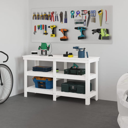 Banco da Lavoro Bianco 142,5x50x80 cm in Legno Massello di Pino - homemem39