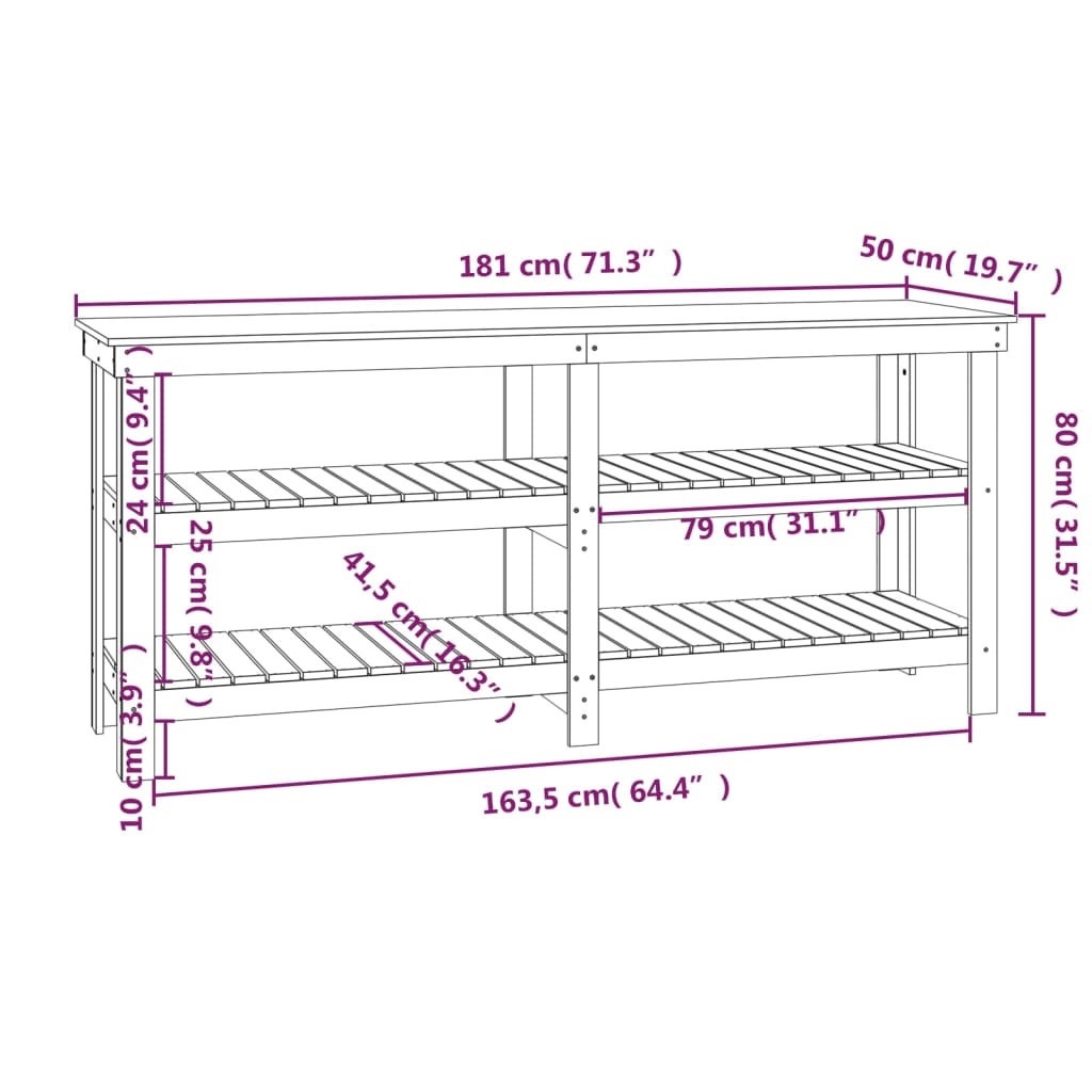 Banco da Lavoro 181x50x80 cm in Legno Massello di Pino | homemem39