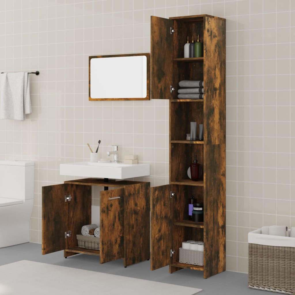 Set Mobili da Bagno 3 pz Rovere Fumo in Legno Multistrato | homemem39