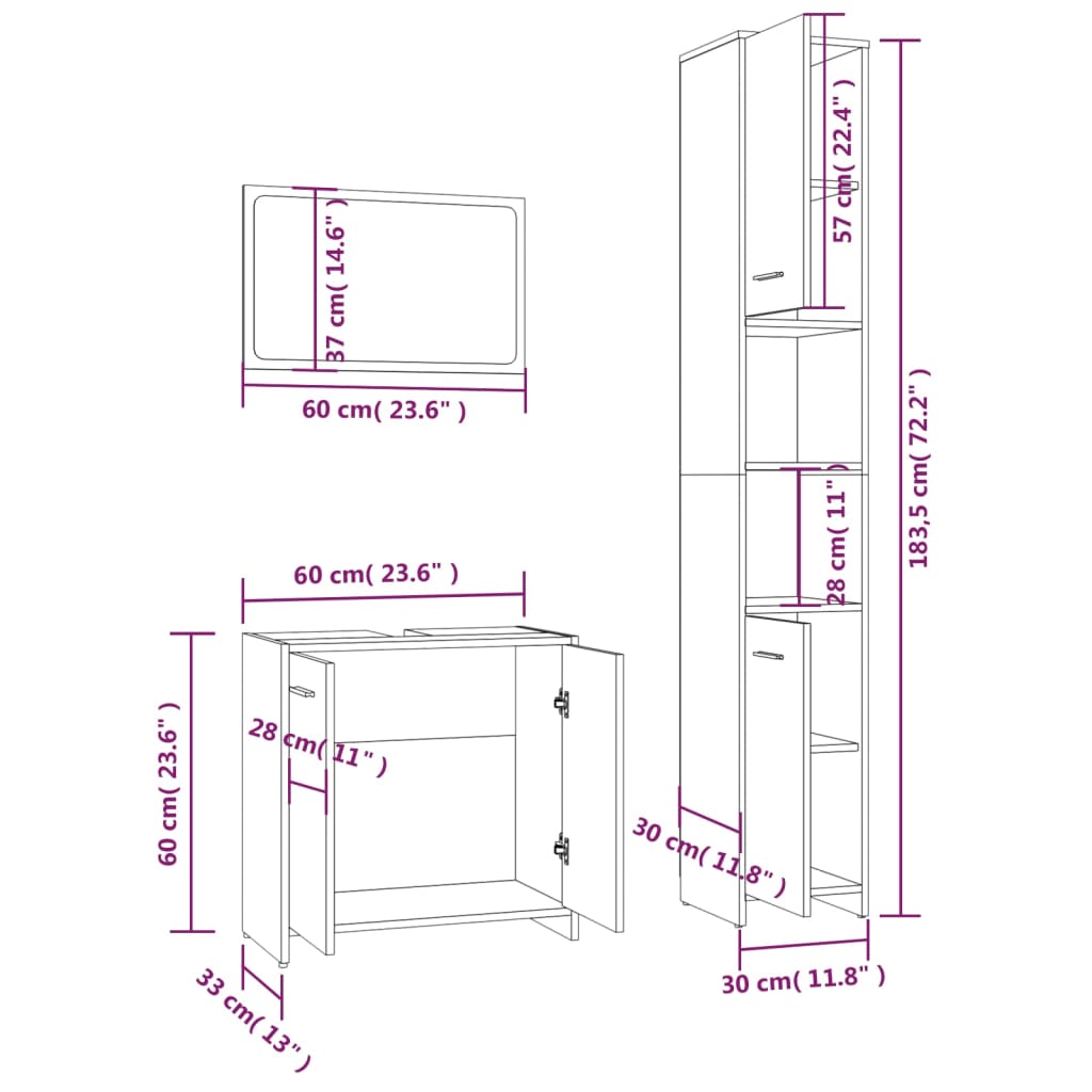 Set Mobili da Bagno 3 pz Grigio Sonoma in Legno Multistrato | homemem39