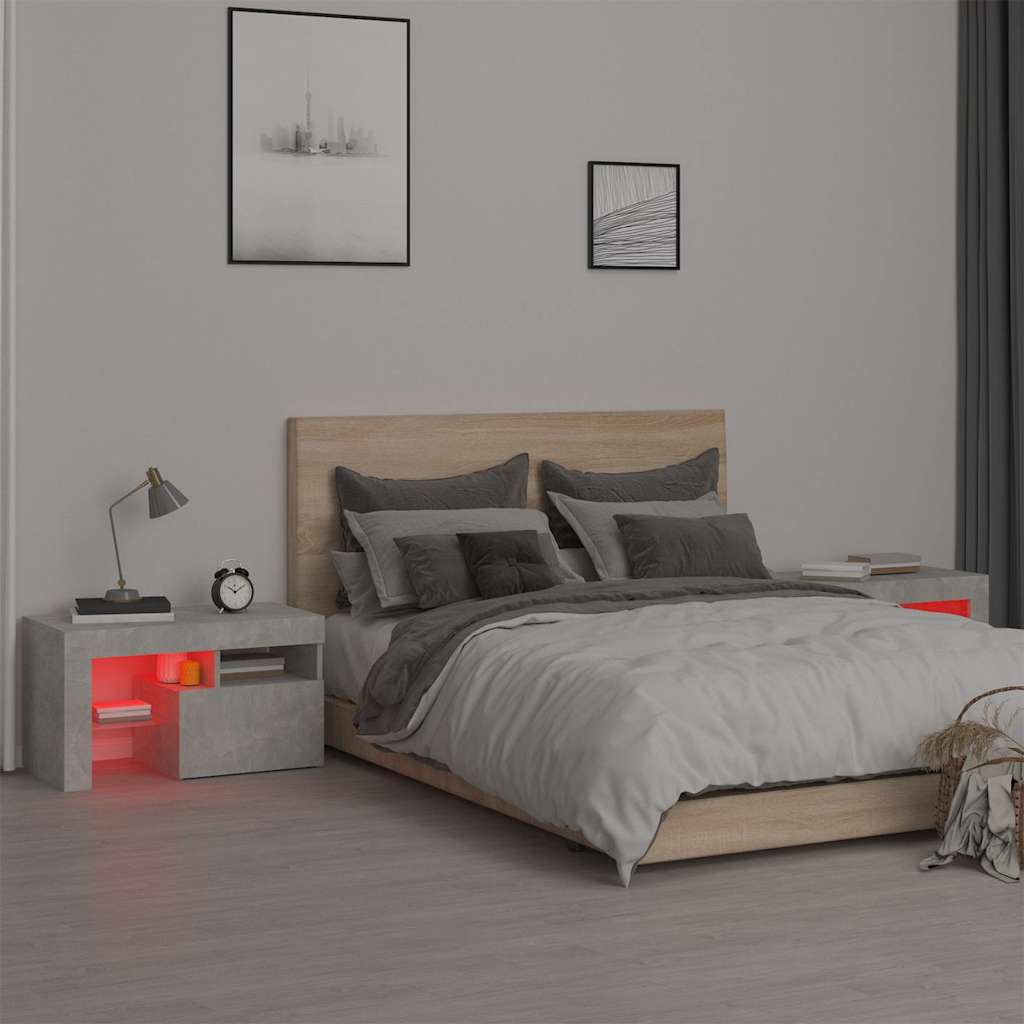 Comodini 2 pz con Luci a LED Grigi Cemento 70x36,5x40 cm