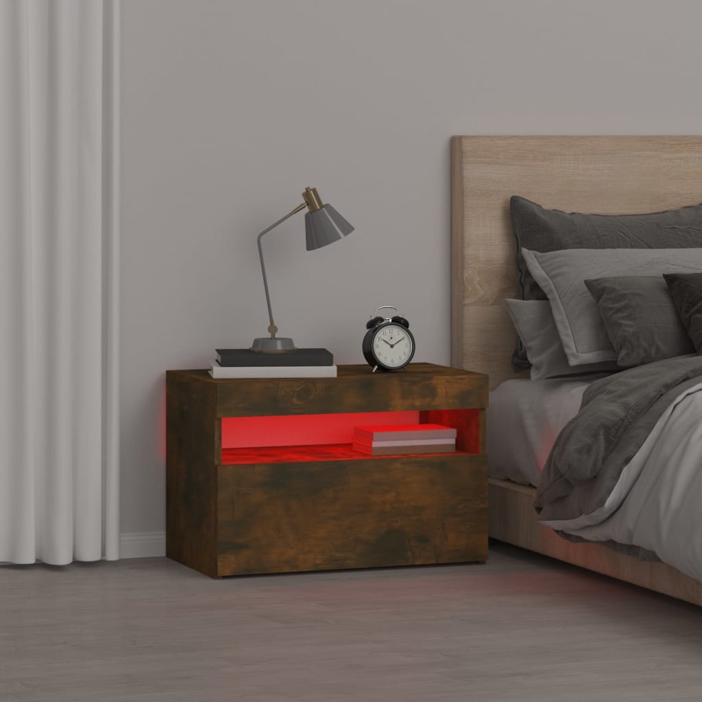 Comodino con Luci LED Rovere Fumo 60x35x40 cm - homemem39