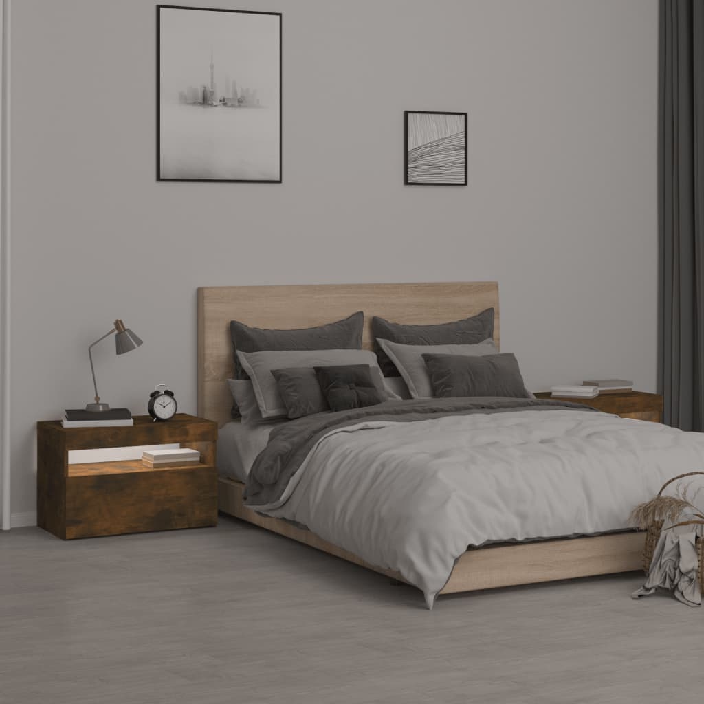Comodini 2 pz con Luci LED Rovere Fumo 60x35x40 cm | homemem39