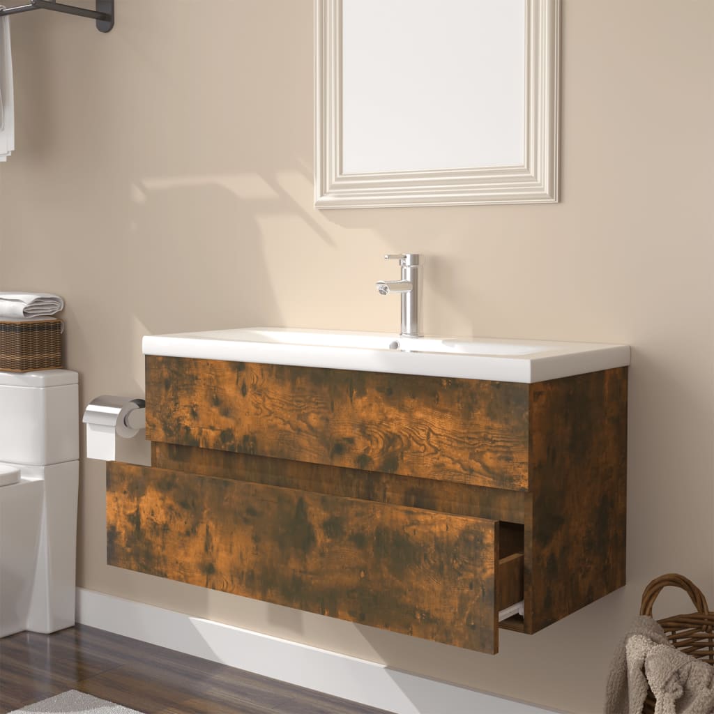 Mobile Bagno con Lavabo Integrato Rovere Fumo Legno Multistrato | homemem39