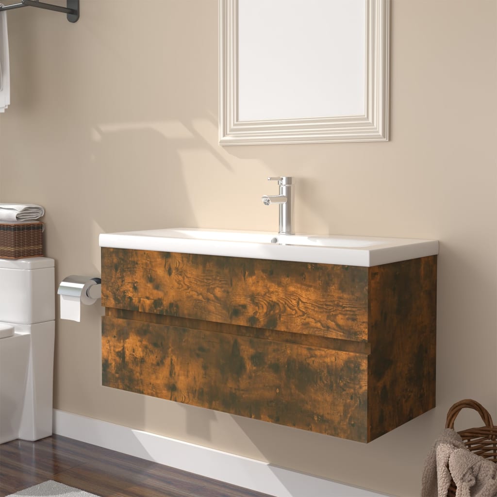 Mobile Bagno con Lavabo Integrato Rovere Fumo Legno Multistrato | homemem39