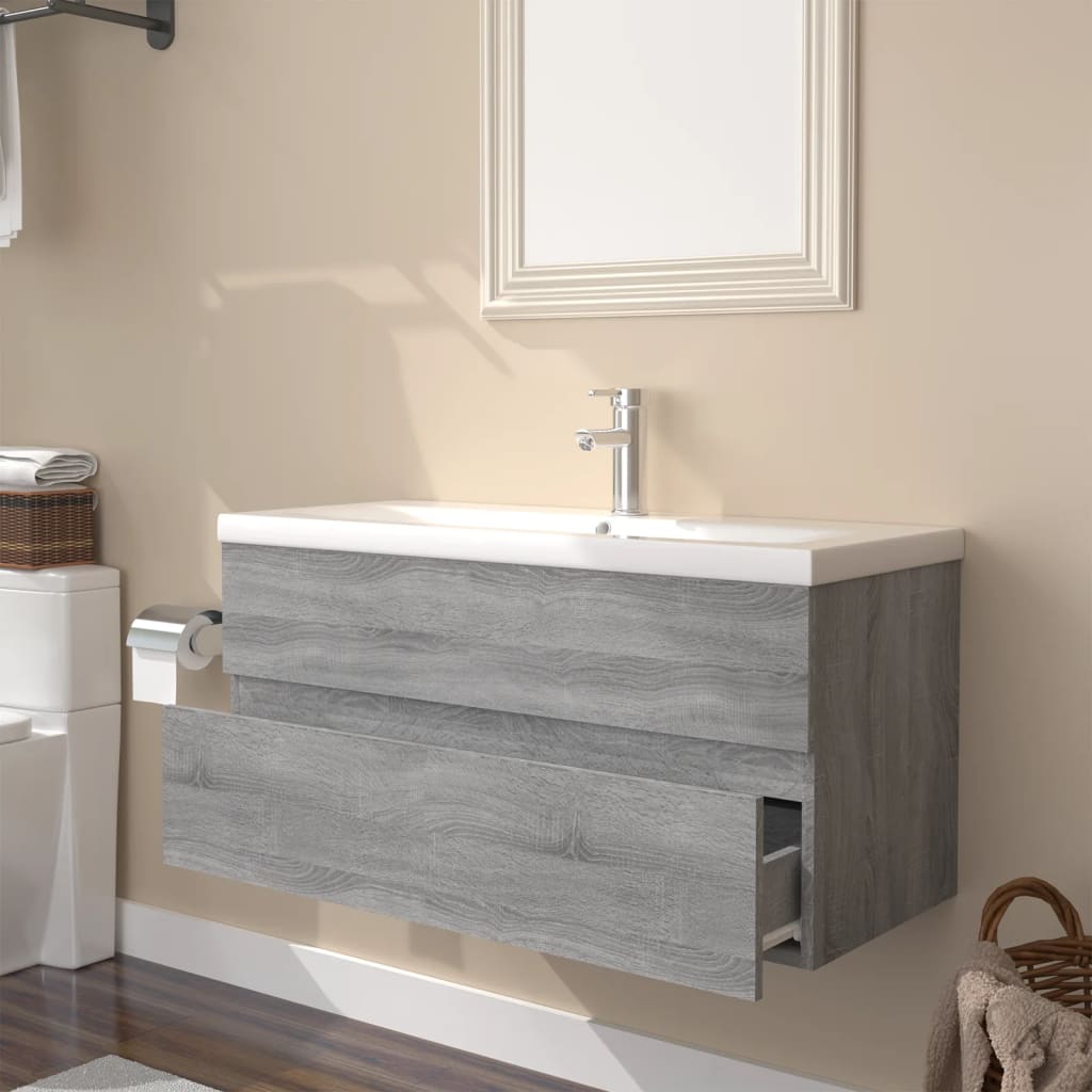 Mobile Bagno e Lavabo Integrato Grigio Sonoma Legno Multistrato | homemem39