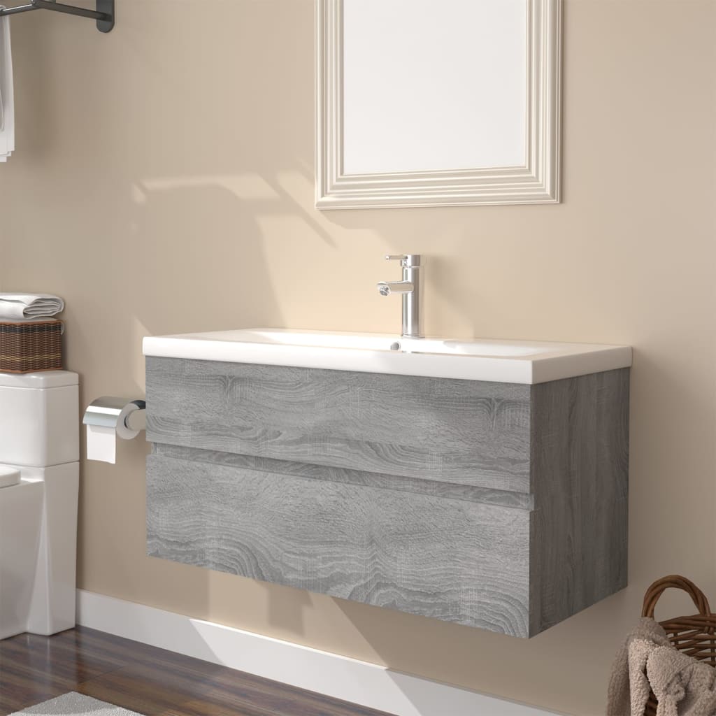 Mobile Bagno e Lavabo Integrato Grigio Sonoma Legno Multistrato | homemem39