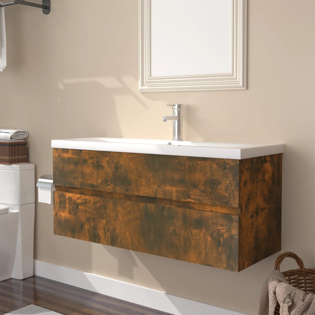 Mobile Bagno con Lavabo Integrato Rovere Fumo Legno Multistrato | homemem39