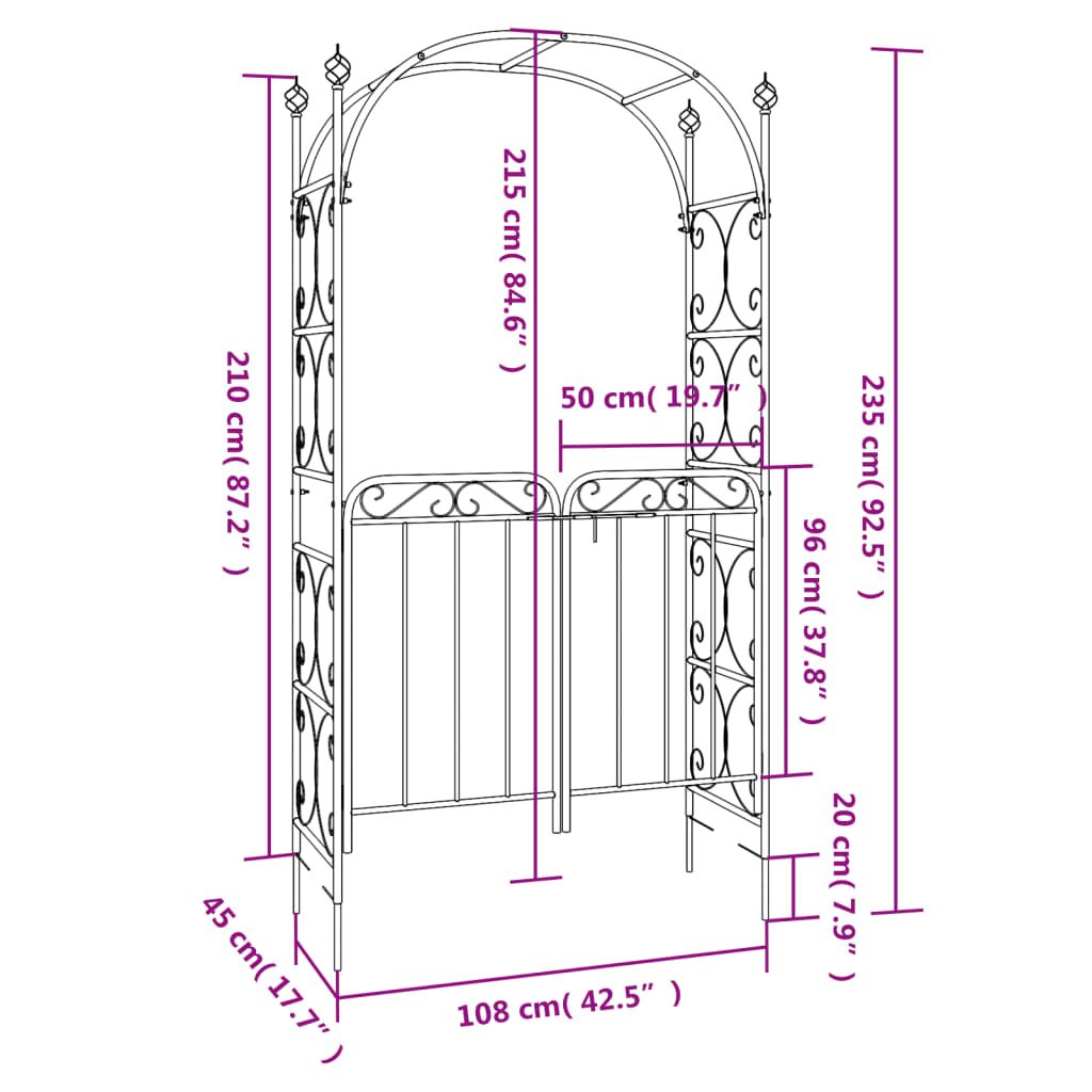 Arco da Giardino con Cancello Nero 108x45x235 cm Acciaio | homemem39