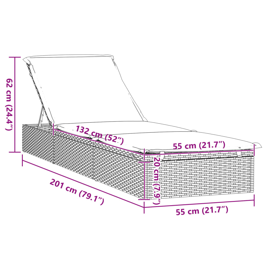 Lettino 1 pz con Cuscino Nero 201x55x62 cm in Polyrattan - homemem39