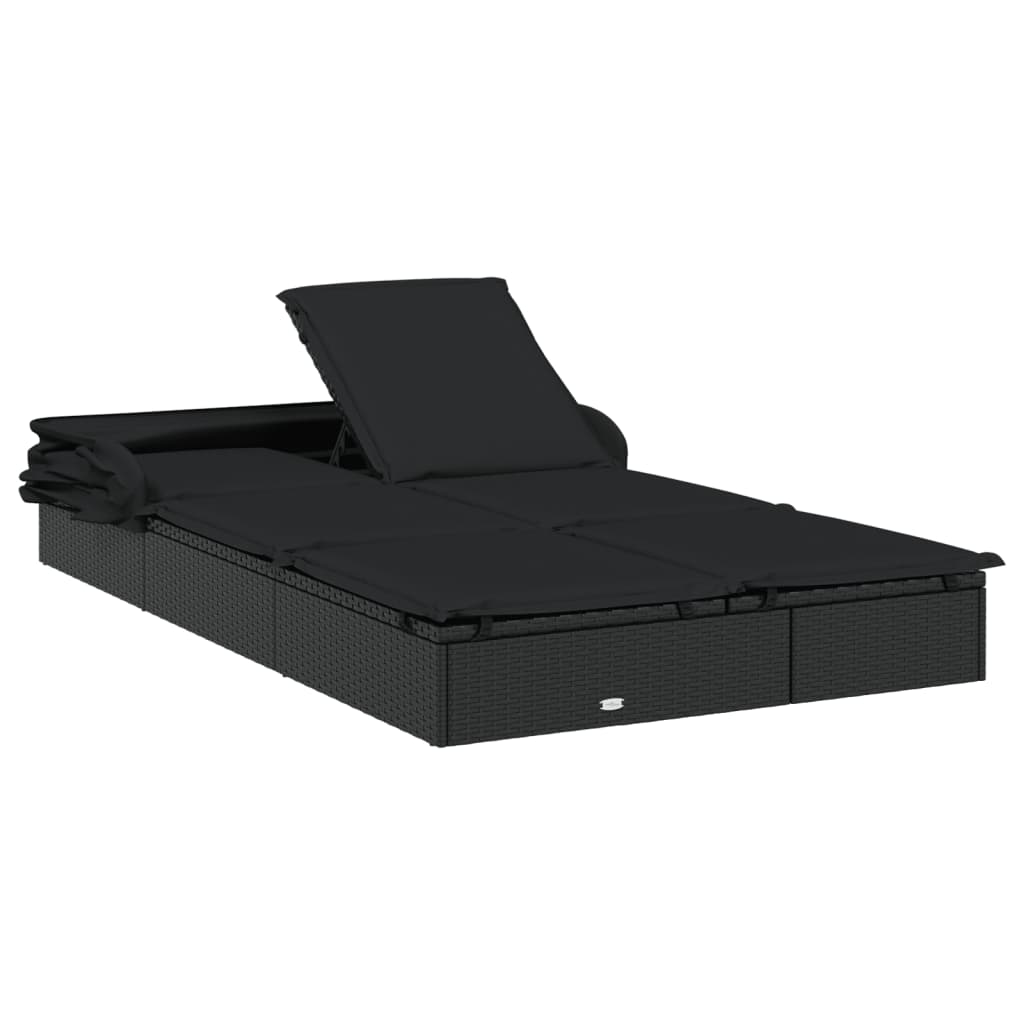 Lettino Doppio Tetto Pieghevole Nero 213x118x97 cm Polyrattan - homemem39