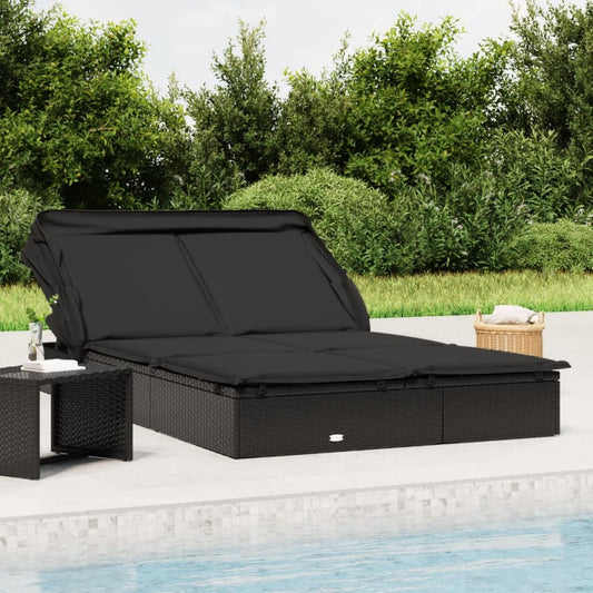 Lettino Doppio Tetto Pieghevole Nero 213x118x97 cm Polyrattan - homemem39