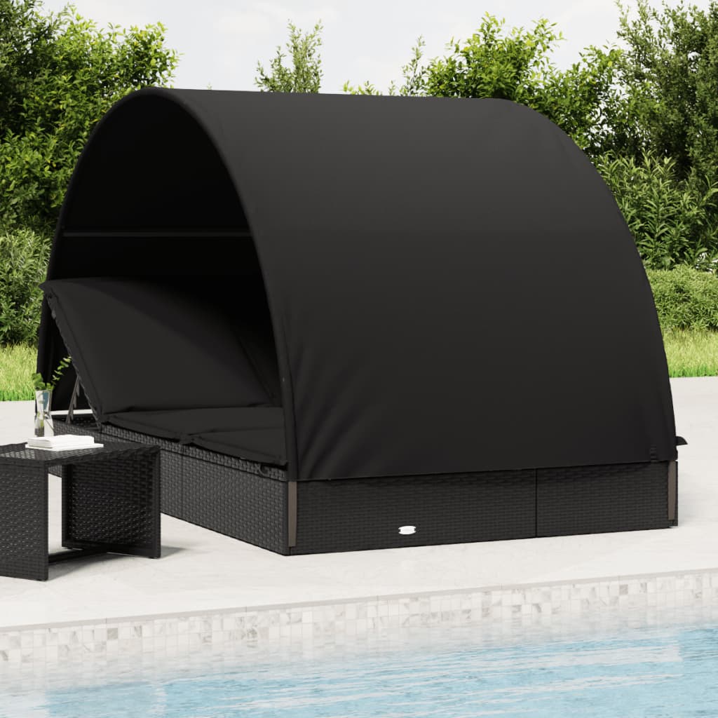 Lettino Doppio Tetto Rotondo Nero 211x112x140 cm in Polyrattan - homemem39