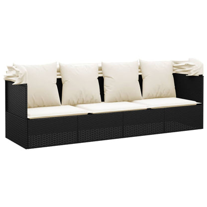 Lettino Prendisole Esterno con Tetto e Cuscini Nero Polyrattan - homemem39