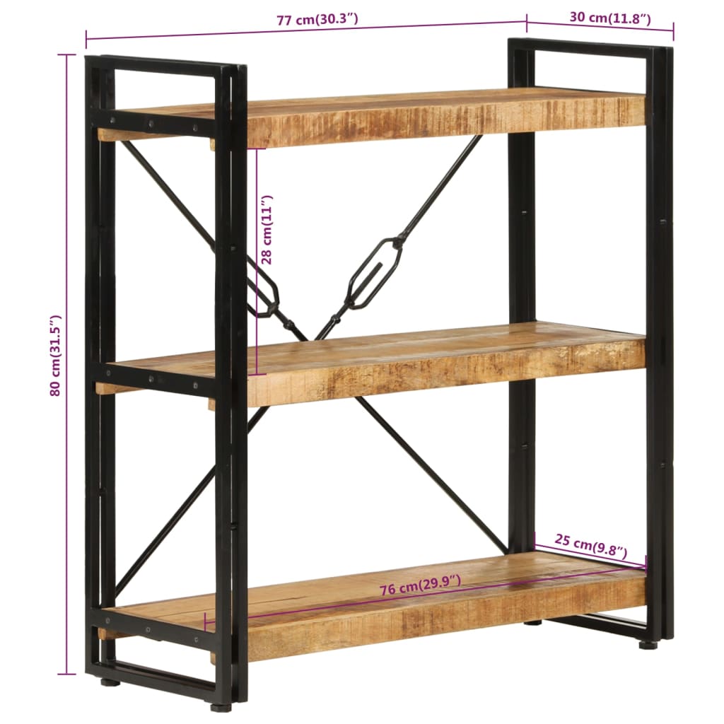 Libreria 3 Livelli 77x30x80 cm Legno Massello di Mango e Ferro