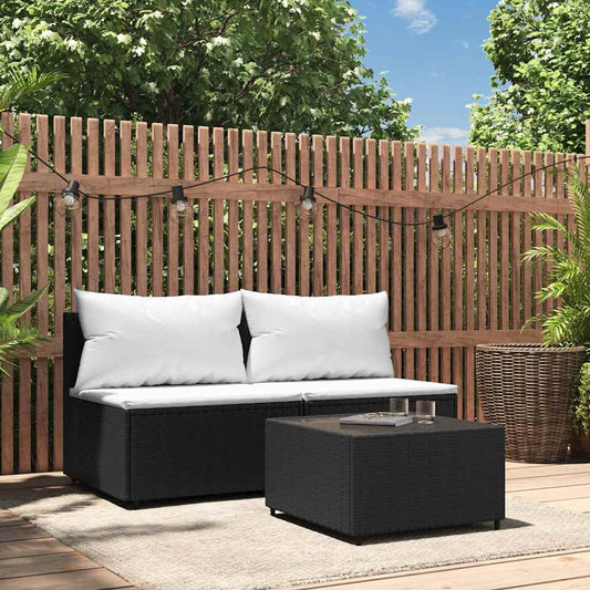 Set Divani da Giardino 3 pz con Cuscini Nero in Polyrattan | homemem39