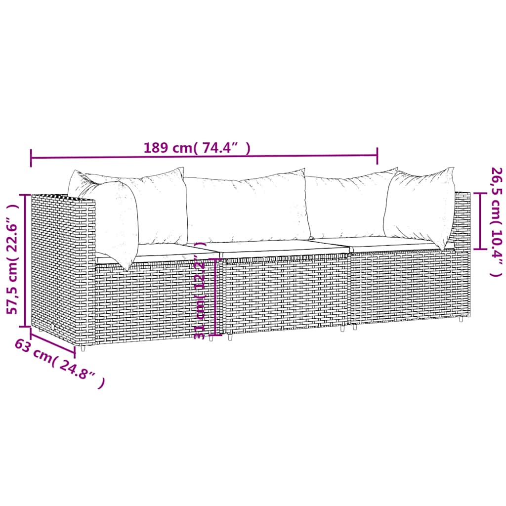 Set Divani da Giardino 3 pz con Cuscini in Polyrattan Grigio - homemem39