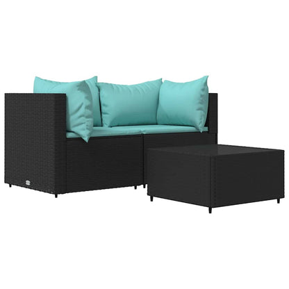 Set Divani da Giardino 3 pz con Cuscini Nero in Polyrattan - homemem39