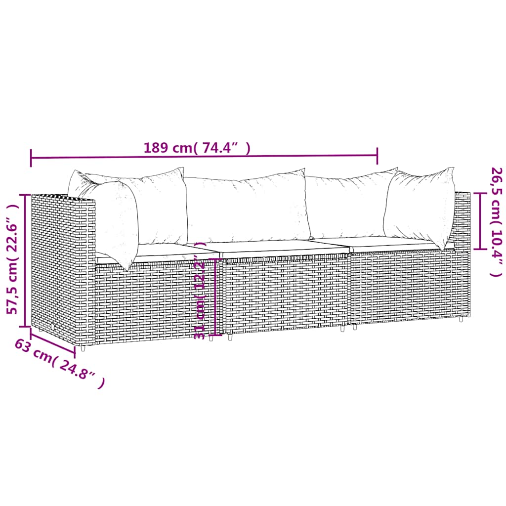 Set Divani da Giardino 3 pz con Cuscini Nero in Polyrattan | homemem39